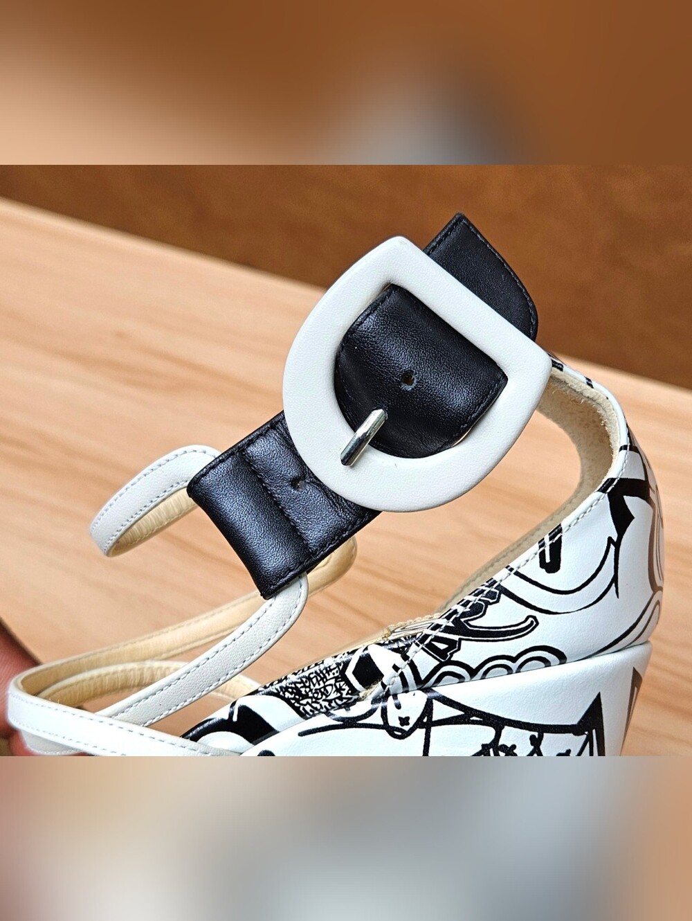Christian Louboutin Black & White Graffiti Wedge Buckle Sandals Size 5 US - Picture 7 of 16